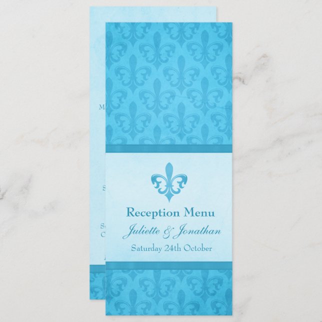 Blue Fleur De Lis wedding reception dinner menu Invitation (Front/Back)