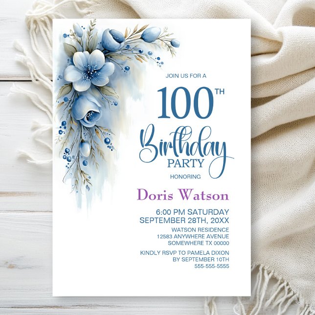 Blue Floral 100th Birthday Party Invitation (Creator Uploaded)