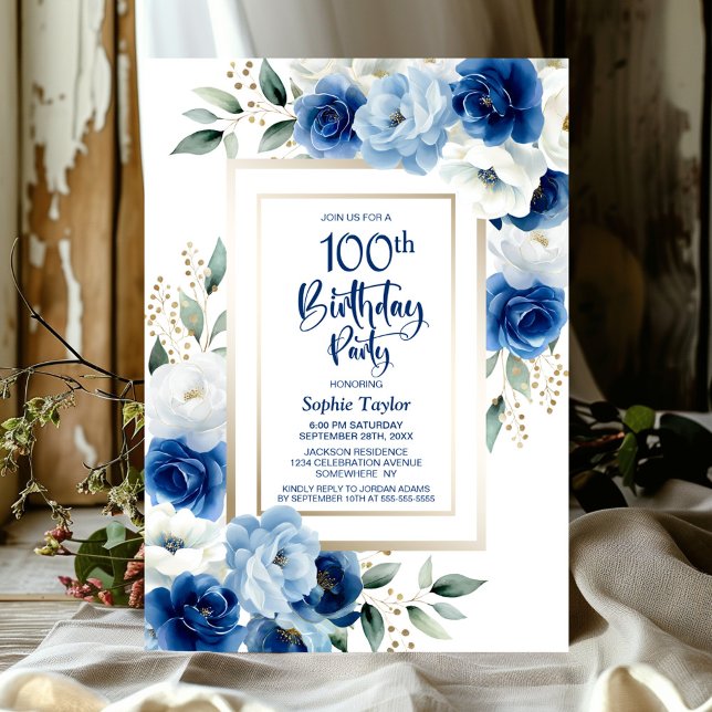 Blue Floral 100th Birthday Party Invitation (Creator Uploaded)