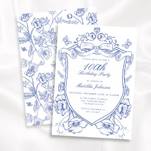 Blue Floral 100th Birthday Party Invitation