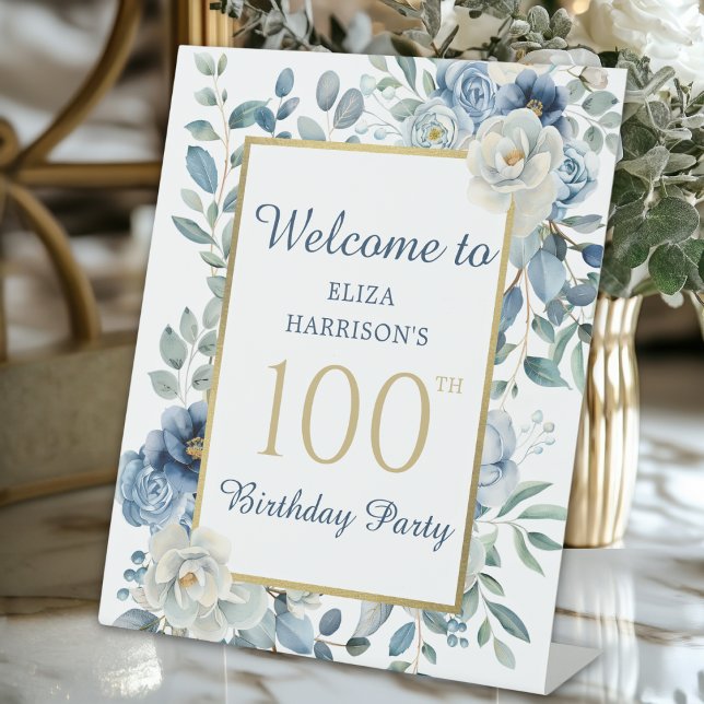 Blue Floral 100th Birthday Party Welcome Pedestal Sign (Creator Uploaded)