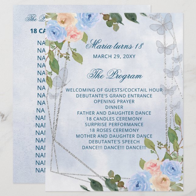 Blue Floral 18 Candles and Roses Ceremony Program (Front/Back)