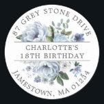 Blue Floral 18th Birthday Return Address Label<br><div class="desc">Add a special touch to your birthday invitation envelopes with this elegant round design. It features a bouquet of dusty blue roses and peonies in the centre. Blue eucalyptus leaves give it a rustic botanical vibe. The name and birthday is written across the centre on a white strip, and the...</div>