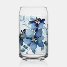 Blue Floral 1 Can Glass Drinkware Set