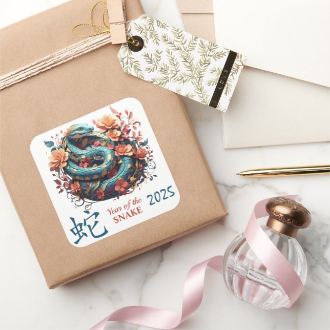 Blue Floral 2025 Chinese Year of the Snake Square Sticker (Gifting)