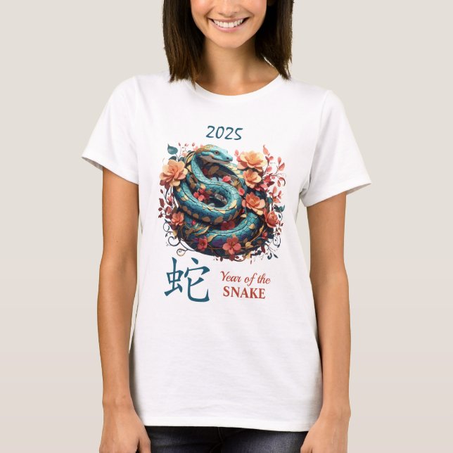Blue Floral 2025 Chinese Year of the Snake T-Shirt (Front)