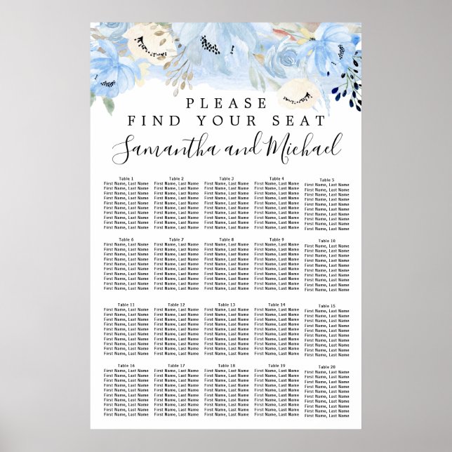 Blue Floral 20-Table Wedding Seating Chart (Front)