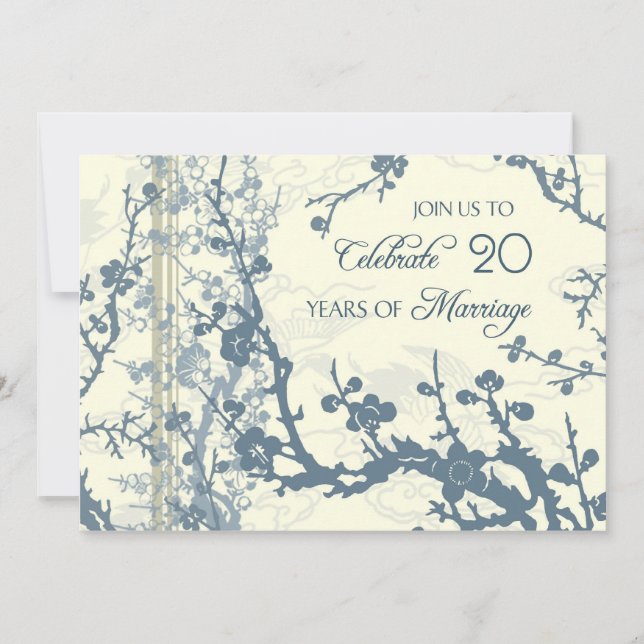 Blue Floral 20th Anniversary Invitation Card (Front)