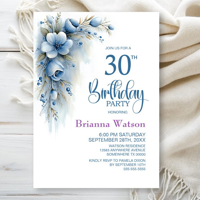 Blue Floral 30th Birthday Party Invitation (Creator Uploaded)