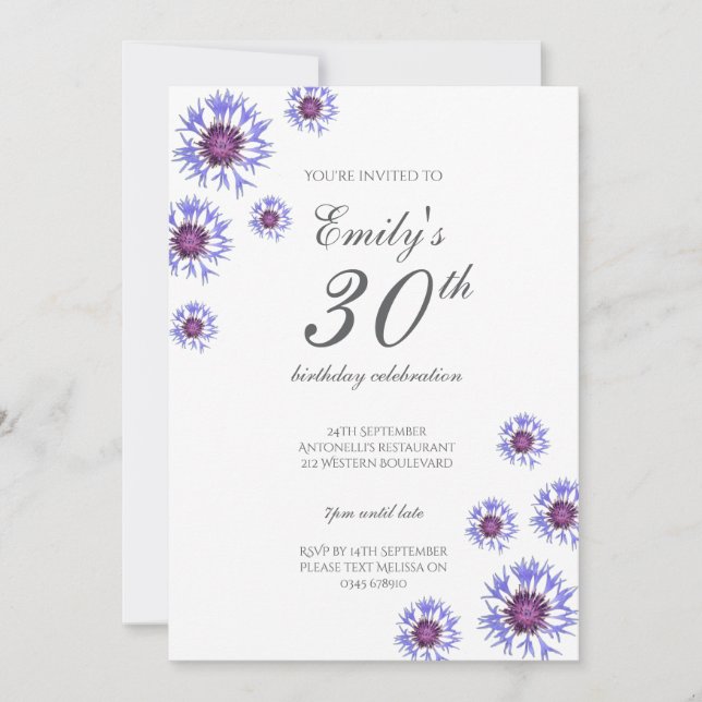 Blue Floral 30th Birthday Party Invitation (Front)