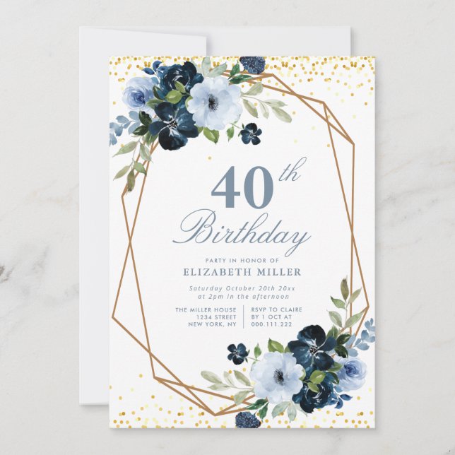 blue floral 40th birthday party invitation (Front)