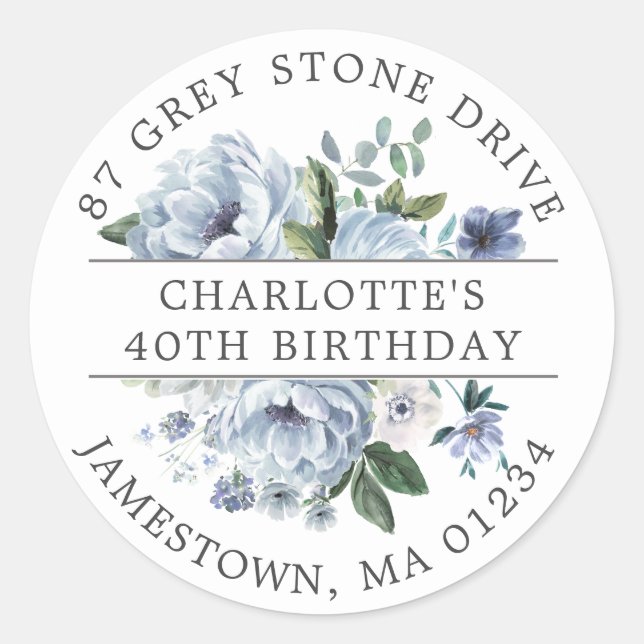 Blue Floral 40th Birthday Return Address Label (Front)