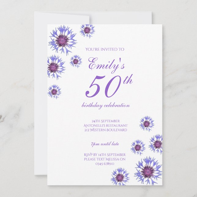 Blue Floral 50th Birthday Party Invitation (Front)