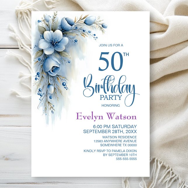 Blue Floral 50th Birthday Party Invitation (Creator Uploaded)