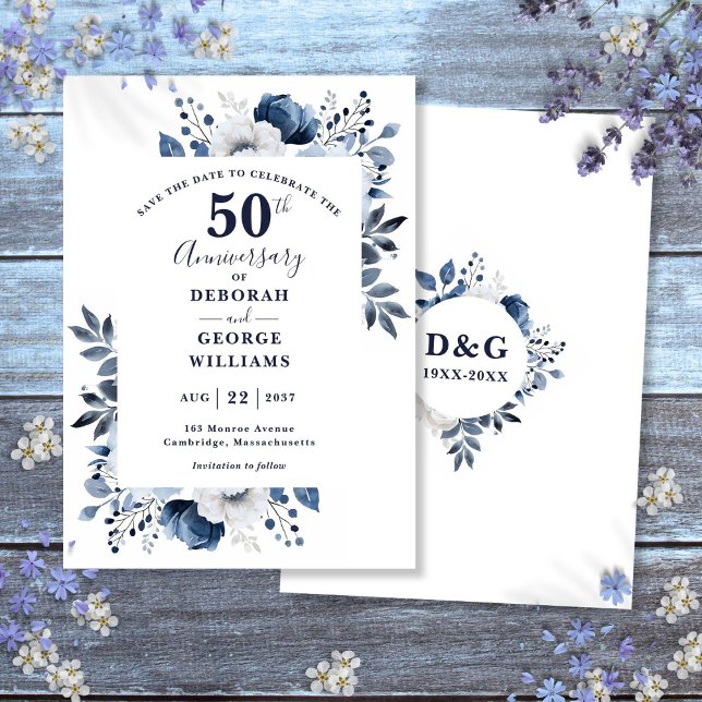 Blue Floral 50th Wedding Anniversary Save The Date (Blue Floral 50th Wedding Anniversary Save The Date)