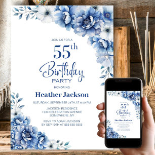 Blue Floral 55th Birthday Party Invitation