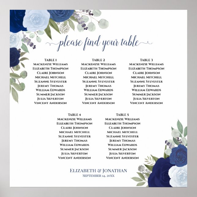 Blue Floral 5 Table Elegant Wedding Seating Chart (Front)