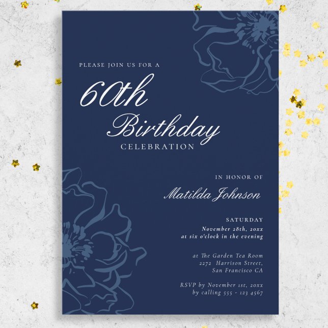 Blue Floral 60th Birthday Party Invitation (Blue Floral 60th Birthday Party Invitation)