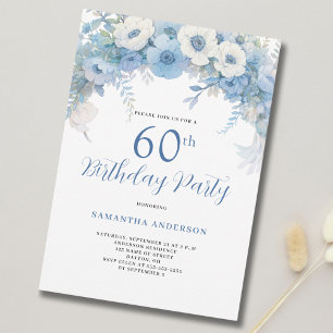 Blue Floral 60th Birthday Party  Invitation