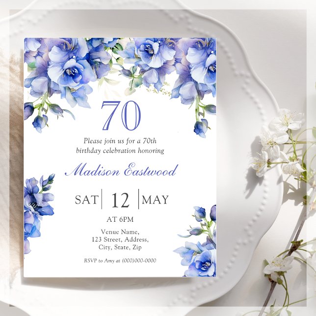 Blue Floral 70th Birthday Budget Invitation (Creator Uploaded)