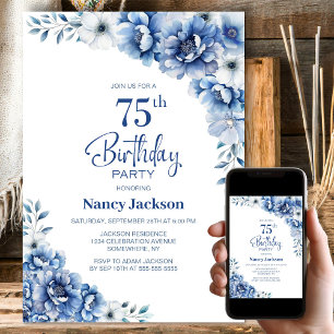Blue Floral 75th Birthday Party Invitation