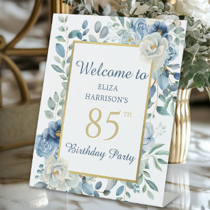 Blue Floral 85th Birthday Party Welcome Pedestal Sign