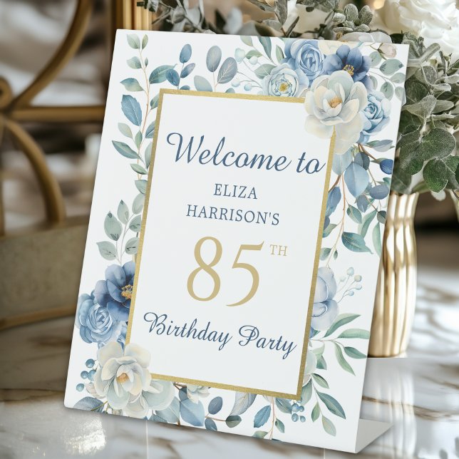 Blue Floral 85th Birthday Party Welcome Pedestal Sign (Creator Uploaded)