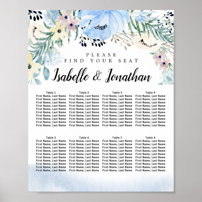 Blue Floral 8-Table DIY Wedding Seating Chart (Front)