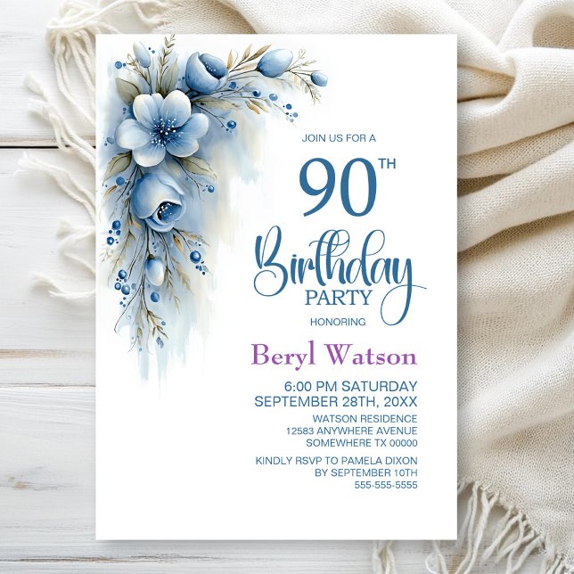 Blue Floral 90th Birthday Party Invitation (Creator Uploaded)