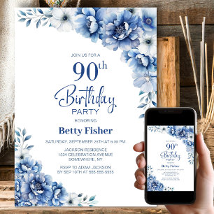 Blue Floral 90th Birthday Party Invitation