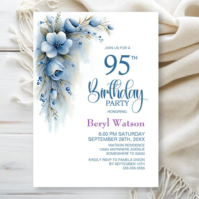 Blue Floral 95th Birthday Party Invitation (Creator Uploaded)