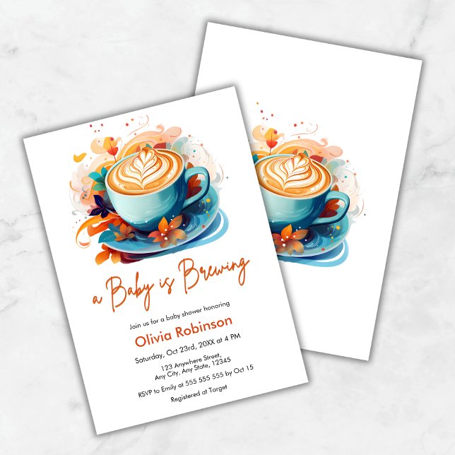 Blue Floral A Baby is Brewing Coffee Baby Shower  Invitation (Blue Floral Love is Brewing Coffee Baby Shower Invitation )