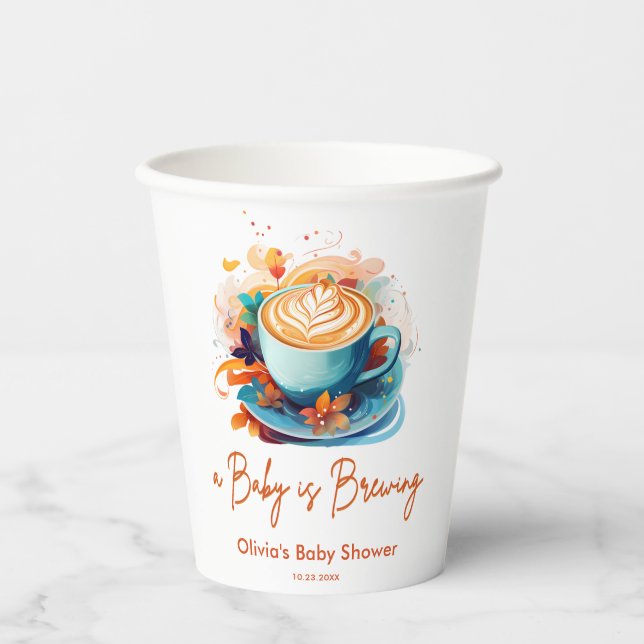 Blue Floral A Baby is Brewing Coffee Baby Shower Paper Cups (Front)