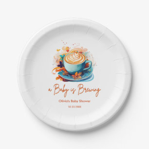 Blue Floral A Baby is Brewing Coffee Baby Shower Paper Plate