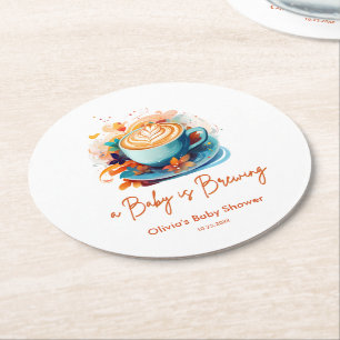 Blue Floral A Baby is Brewing Coffee Baby Shower Round Paper Coaster