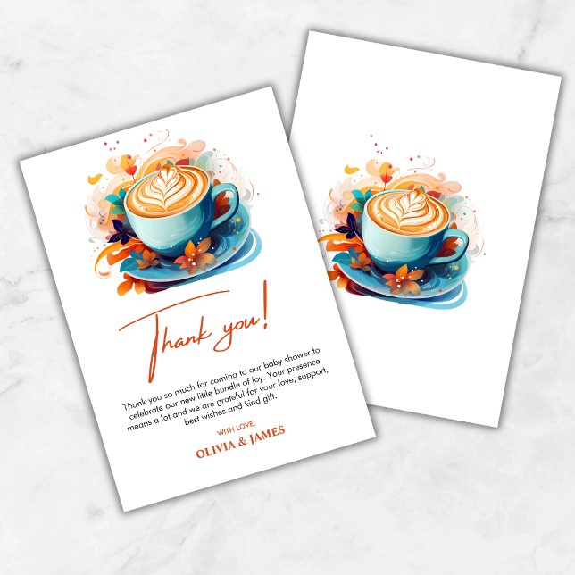 Blue Floral A Baby is Brewing Coffee Baby Shower  Thank You Card (Blue Floral A Baby is Brewing Coffee Baby Shower Thank You Card )