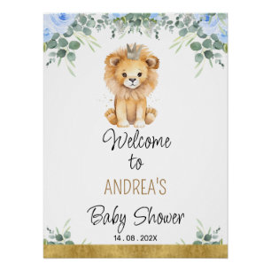 Blue Floral A Little King Lion Baby Shower Welcome Poster