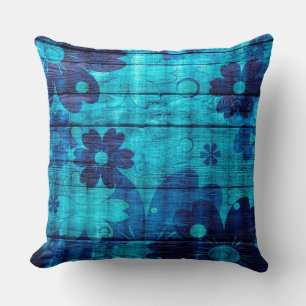 Blue Floral Abstract Wood Cushion