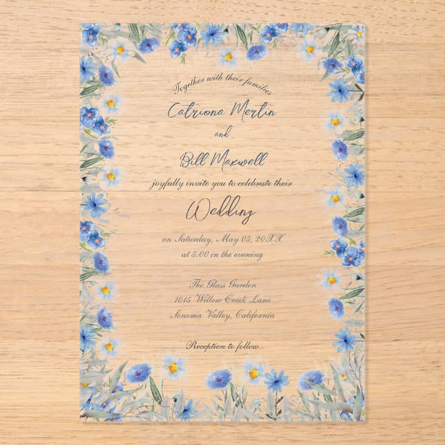 Blue Floral Acrylic Wedding Invitation (Front)