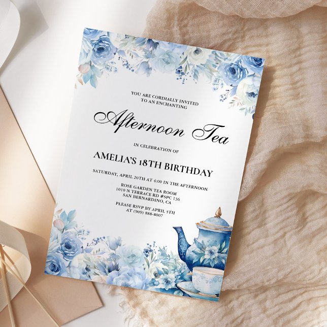 Blue Floral Afternoon Tea Birthday Party Invitation (Creator Uploaded)