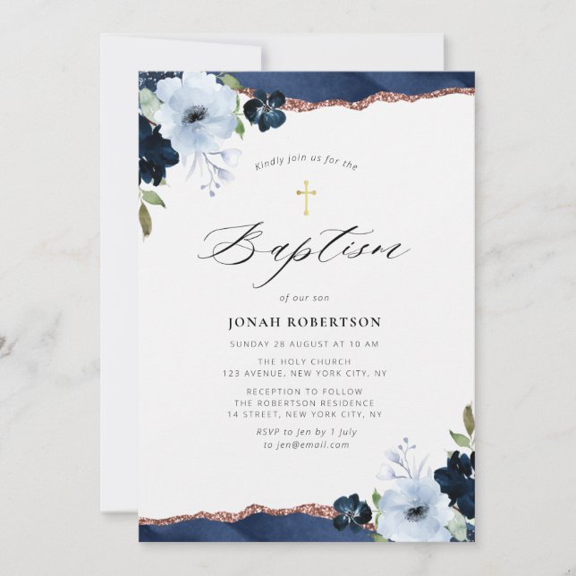 blue floral agate baptism invitation (Front)