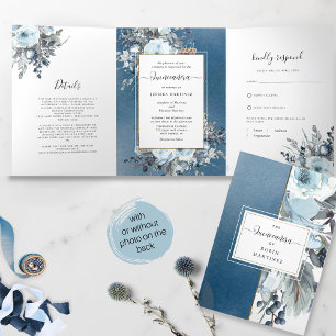 Blue Floral All in One Quinceañera with RSVP Tri-Fold Invitation