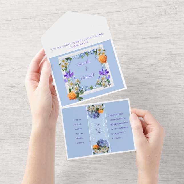 Blue Floral All in One Wedding Invite (Tearaway)