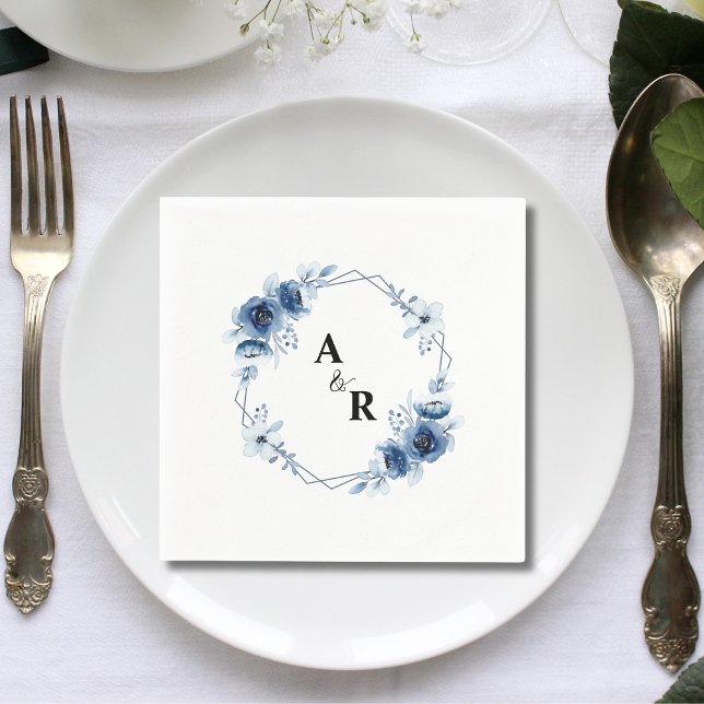 Blue Floral Ampersand Monogram Initials Wedding Napkin (Blue floral ampersand monogram initials wedding napkins add elegant personalized charm to receptions)