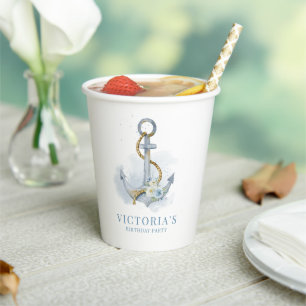 Blue Floral Anchor Nautical Birthday Party Paper Cups