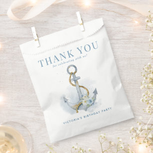 Blue Floral Anchor Nautical Birthday Thank You Favour Bags