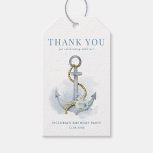 Blue Floral Anchor Nautical Birthday Thank You Gift Tags