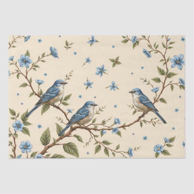 Blue Floral and Bird Design Decoupage  Tissue Paper (Front)