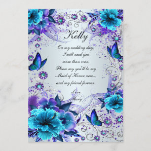 Blue Floral And Butterfly Maid Of Honour Card