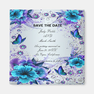Blue Floral And Butterfly Save The Date Magnet
